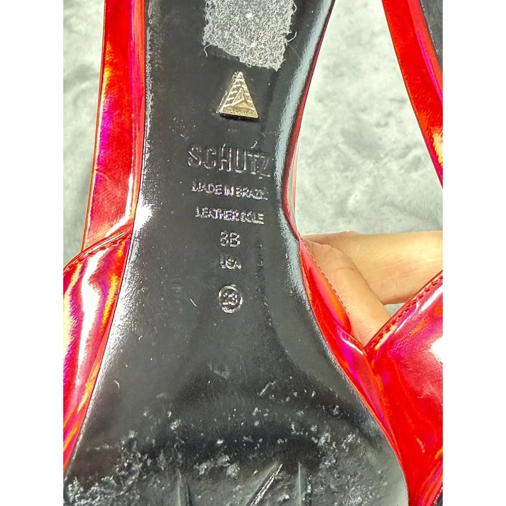 Schutz Sandals Womens 8B Red Holographic Square Toe Heels Slide